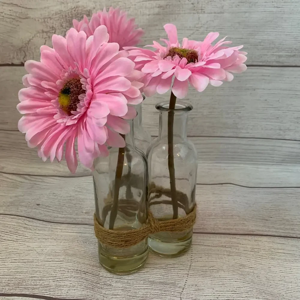 Artificial Pink Gerbera Daisies in Bottles and Twine String Faux Glued Water 9